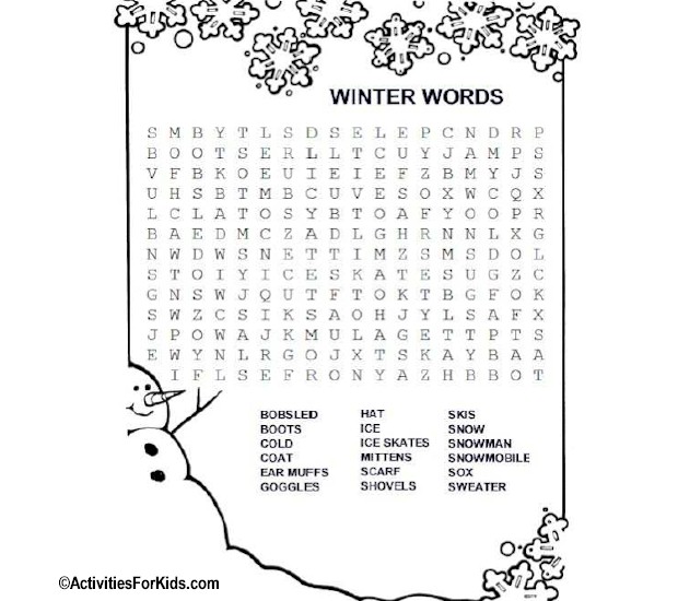 Winter Words Word Search Activities For Kids